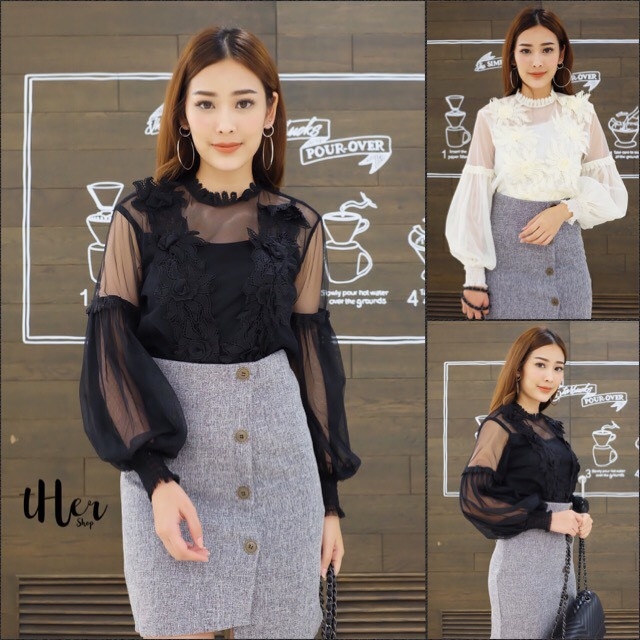 เสื้อเกาหลี พร้อมส่ง เสื้อลูกไม้ แขนพองนิดๆ