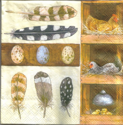 แนวภาพสัตว์ วิถีชีวิตน้องไก่-ไข่-ขน ภาพโทนสีน้ำตาล เป็นภาพ 4 บล๊อค กระดาษแนพกิ้นสำหรับทำงาน เดคูพาจ Decoupage Paper Napkins ขนาด 33X33cm
