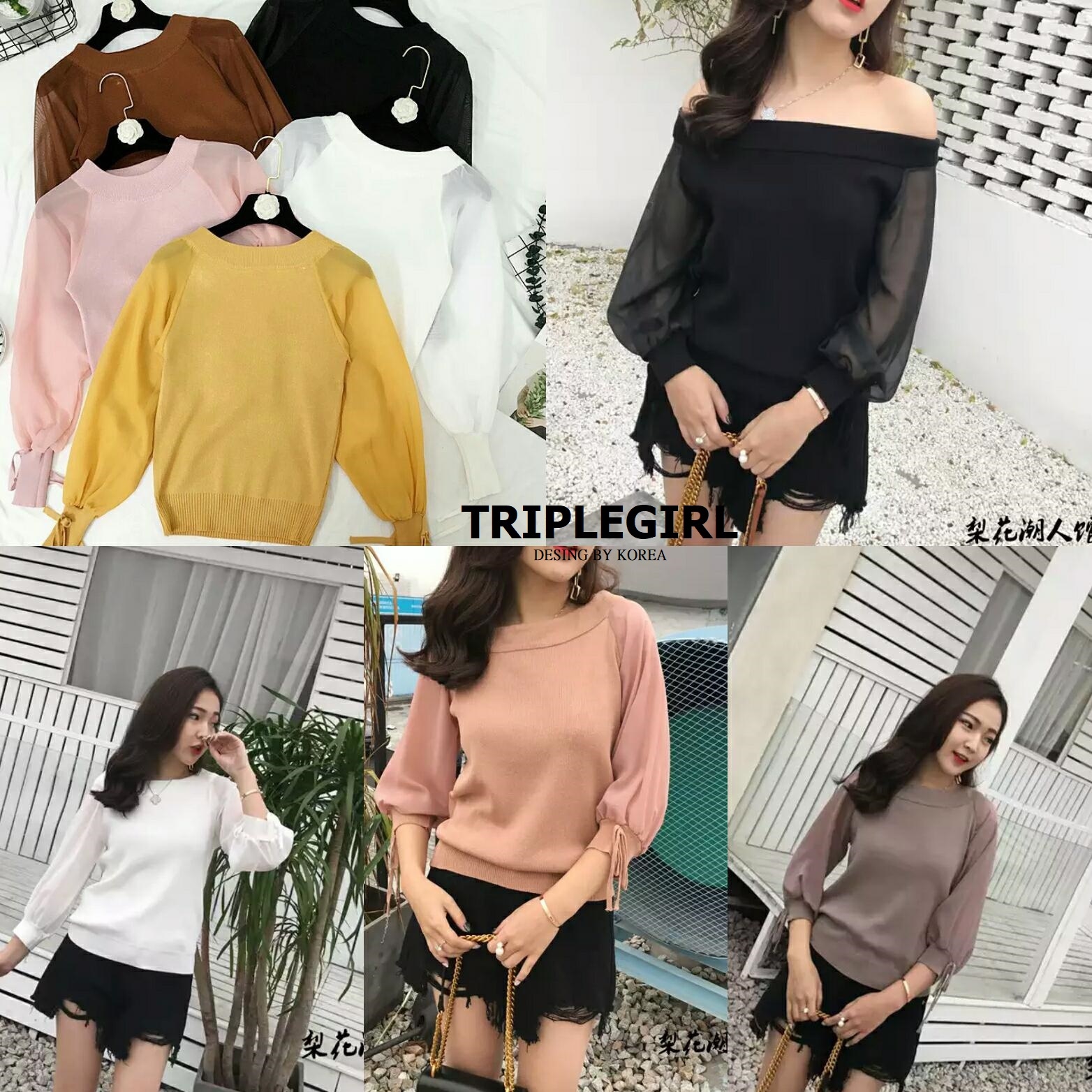 เสื้อเกาหลี พร้อมส่ง เสื้อไหมพรม คอปาด แต่งแขนชีฟอง