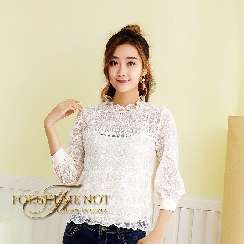 เสื้อลูกไม้ พร้อมส่ง เสื้อมุ้งปักลายดอกไม้ คอกลม