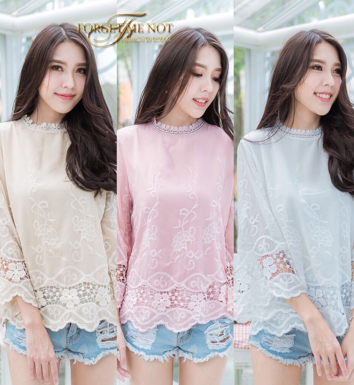 เสื้อลูกไม้ พร้อมส่ง คอกลม ผ้าชีฟองปักดอกไม้
