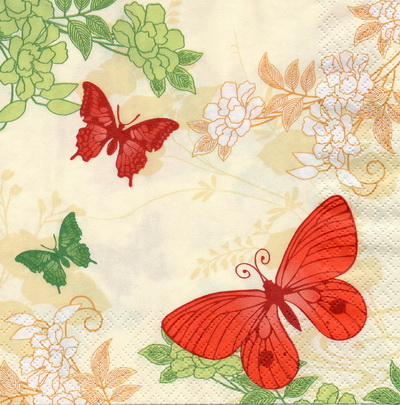 แนวภาพวินเทจ Butterfly ผีเสื้อ กับพื้นดอกไม้ เหลือง เป็นภาพกระจายเต็มแผ่น กระดาษแนพกิ้นสำหรับทำงาน เดคูพาจ Decoupage Paper Napkins ขนาด 33X33cm
