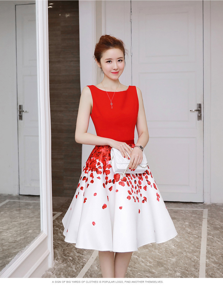 เดรสเกาหลี พร้อมส่ง เดรสลายกลีบกุหลาบสีแดง
