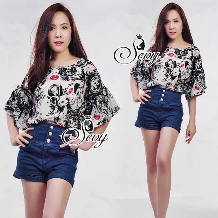 พร้อมส่ง เสื้อยืดคอกลม ดีเทลแขนบานระบาย
