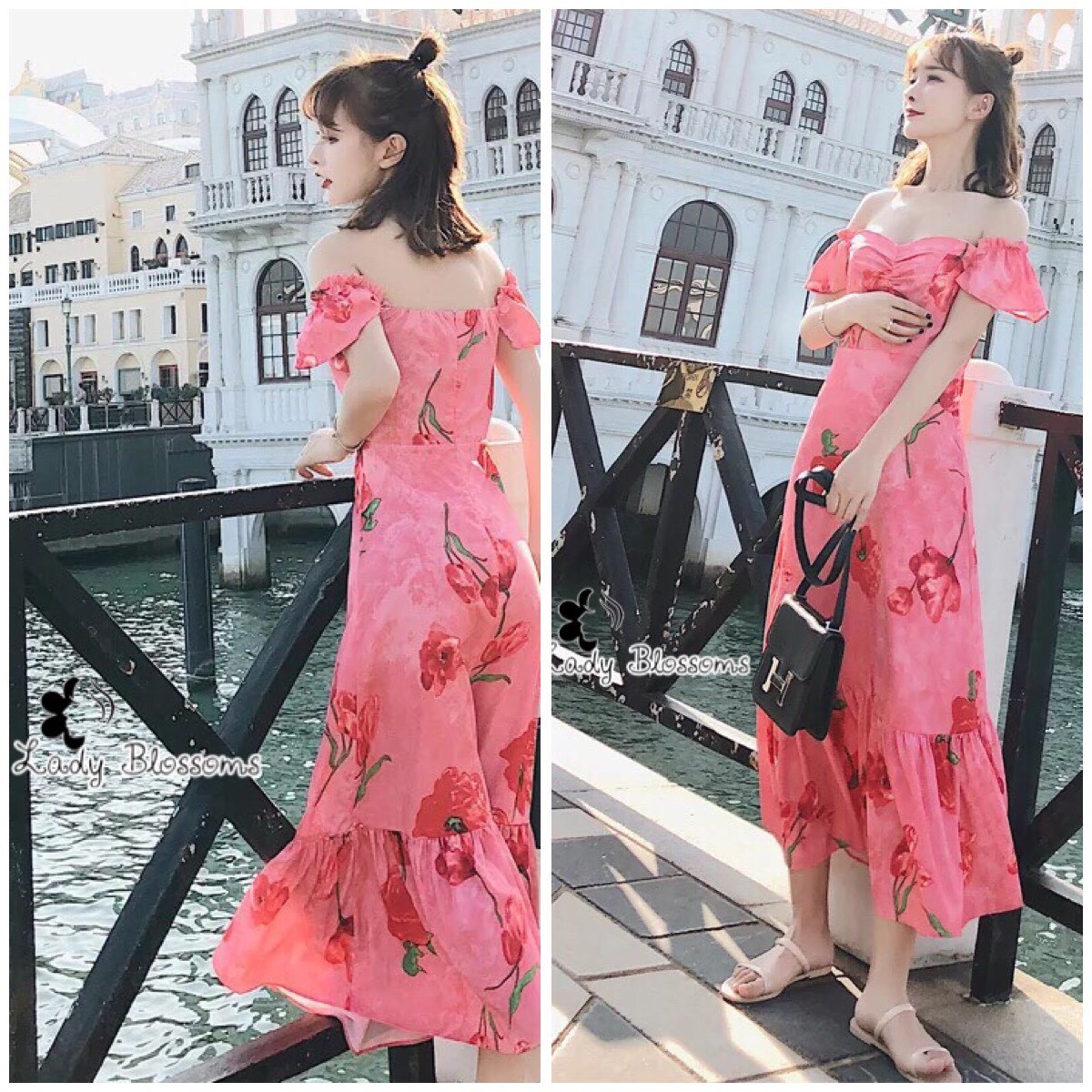 ชุดเดรสเกาหลี พร้อมส่ง Maxi Dress เดรสยาว ลายดอกไม้สีชมพู