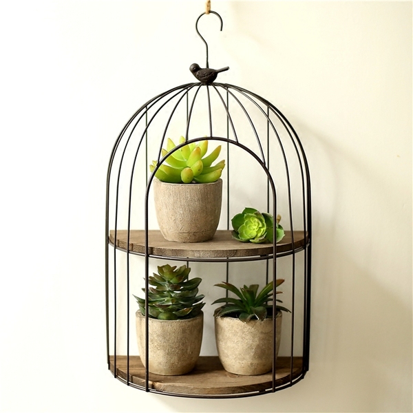 ชั้นแขวนของพื้นไม้ เหล็กดัดลายกรงนก Zakka มีสีดำ กับครีม