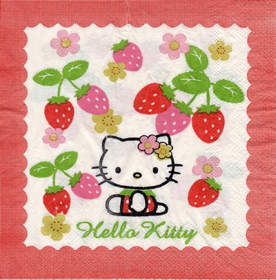 แนวภาพการ์ตูน Sanrio Hello Kitty Strawberry Pink เป็นภาพบล็อค 4 กระดาษแนพกิ้นสำหรับทำงาน เดคูพาจ Decoupage Paper Napkins ขนาด 33X33cm