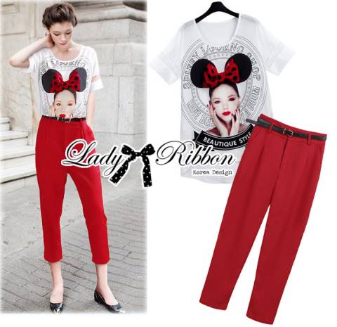 พร้อมส่ง เซ็ตเสื้อแขนสั้นพิมพ์ลายผู้หญิงและกางเกงขายาวสีแดง