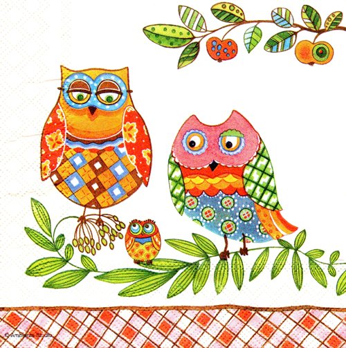 แนวภาพการ์ตูน ครอบครัว นกฮูก Owls Family สัตว์ เป็นภาพครึ่งแผ่น กระดาษแนพกิ้นสำหรับทำงาน เดคูพาจ Decoupage Paper Napkins ขนาด 33X33cm