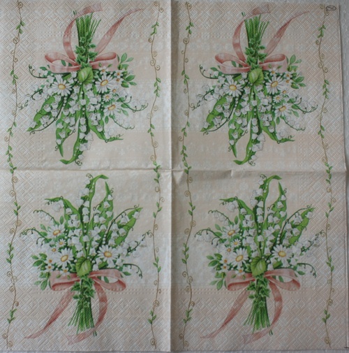 แนวภาพดอกไม้ ช่อดอกไม้ Lily of the Valley พื้นชมพู กระดาษแนพกิ้นสำหรับทำงาน เดคูพาจ Decoupage Paper Napkins ขนาด 33X33cm