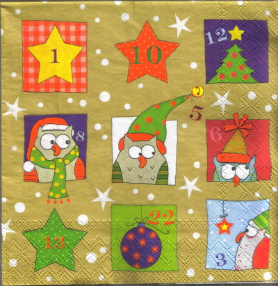 แนวภาพคริสต์มาส ปฎิทินวันหยุดนกฮูก Owl Christmas กระดาษแนพกิ้นสำหรับทำงาน เดคูพาจ Decoupage Paper Napkins ขนาด 33X33cm