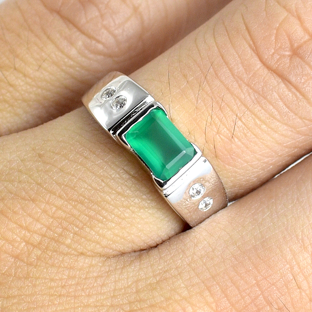 SKJewelryFactory แหวนพลอยเหลี่ยม แหวนเงินแท้ 92.5% ฝังพลอยกรีนอะเกทแท้ ER02351-GAG