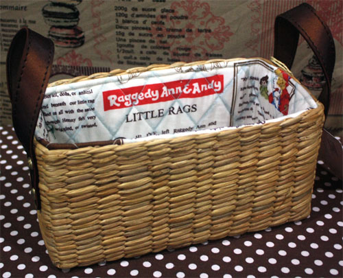 ชิ้นงานดิบ ผักตบชวา ทำ Decoupage งานเพนท์ ตระกร้าทรงผืนผ้าสูงหูหนังขนาดเล็ก บุผ้าวินเทจตีตาราง ลายการ์ตูนน่ารัก