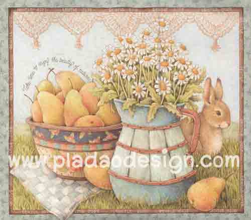 กระดาษสาพิมพ์ลาย สำหรับทำงาน เดคูพาจ Decoupage แนวภาำพ หวานๆซอฟท์ๆ กระต่ายน้อยเล่นซ่อนหา แอบอยู่หลังเหยือกไม้ใส่ดอกเยียบีร่า กับตระกร้าใส่ลูกแพร์ (ปลาดาวดีไซน์)