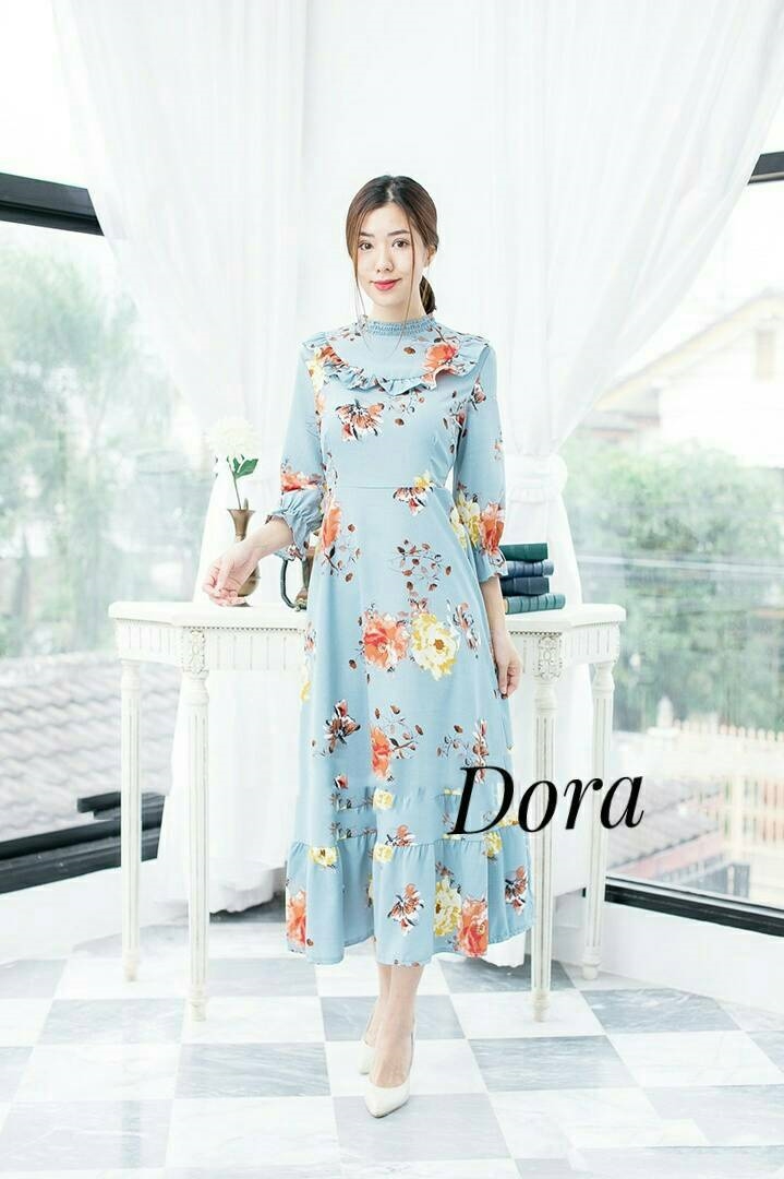 เดรสเกาหลี พร้อมส่ง เดรส กระโปรงยาว ต่อชายระบาย