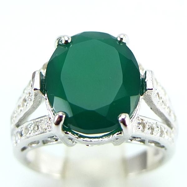 SKJewelryFactory แหวนพลอยแท้ สีเขียวเม็ดใหญ่ แหวนเงินแท้ 92.5% ฝังพลอยกรีนอะเกทแท้ ER02151-GAG