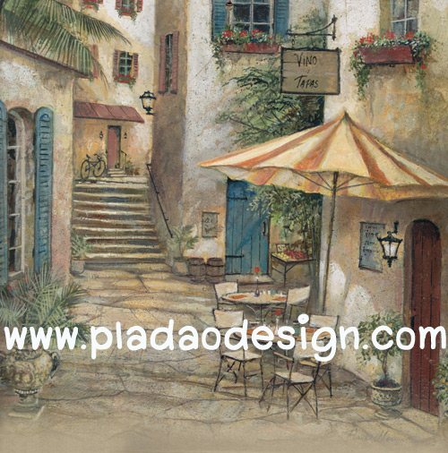 กระดาษสาพิมพ์ลาย สำหรับทำงาน เดคูพาจ Decoupage แนวภาำพ ภาพวาด Cafe ร้านกาแฟเก๋ๆ มีโ่ต๊ะเอาท์ดอร์ 1โต๊ะ ตั้งอยู่มุมวิวสวยของตึกยุโรปตะวันออก คลาสสิค ภาพสีซอฟต์ๆ (ปลาดาวดีไซน์)