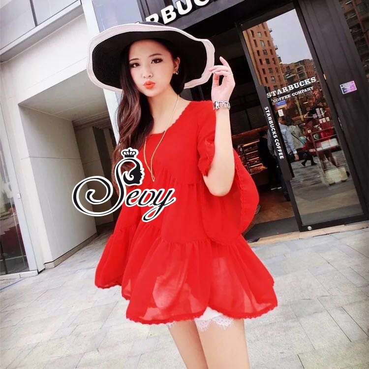 พร้อมส่ง เสื้อทรงปล่อยสีแดงสด