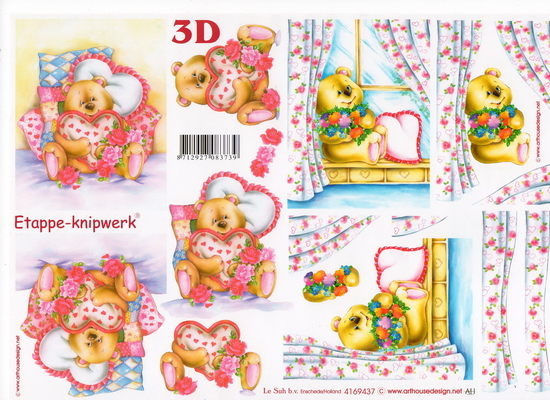 กระดาษ 3D สร้างลายนูน หมีน้อยหนุ่มสาว นอนเล่นบนเตียง 2 ภาพ ขนาด A4