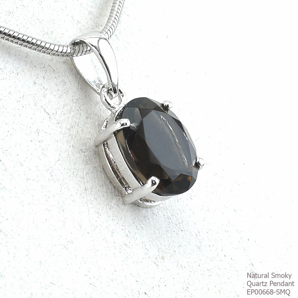 SKJewelryFactory EP00668-SMQ จี้เงินแท้92.5% จี้พลอยเม็ดเดี่ยว จี้พลอยสโมกกี้ควอทซ์แท้