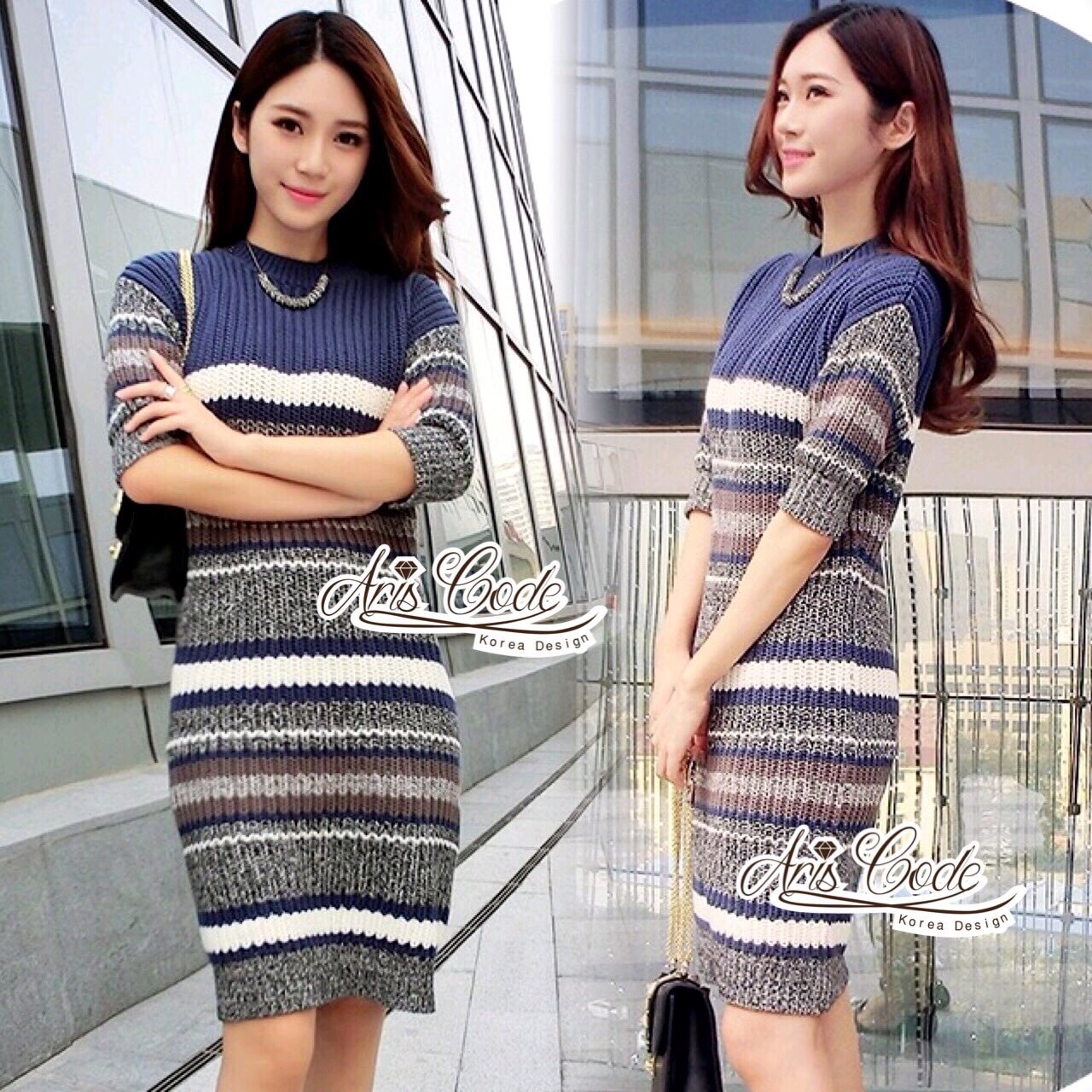พร้อมส่ง เดรสไหมพรม หนานุ่มโทนสีน้ำเงิน ลายขวาง