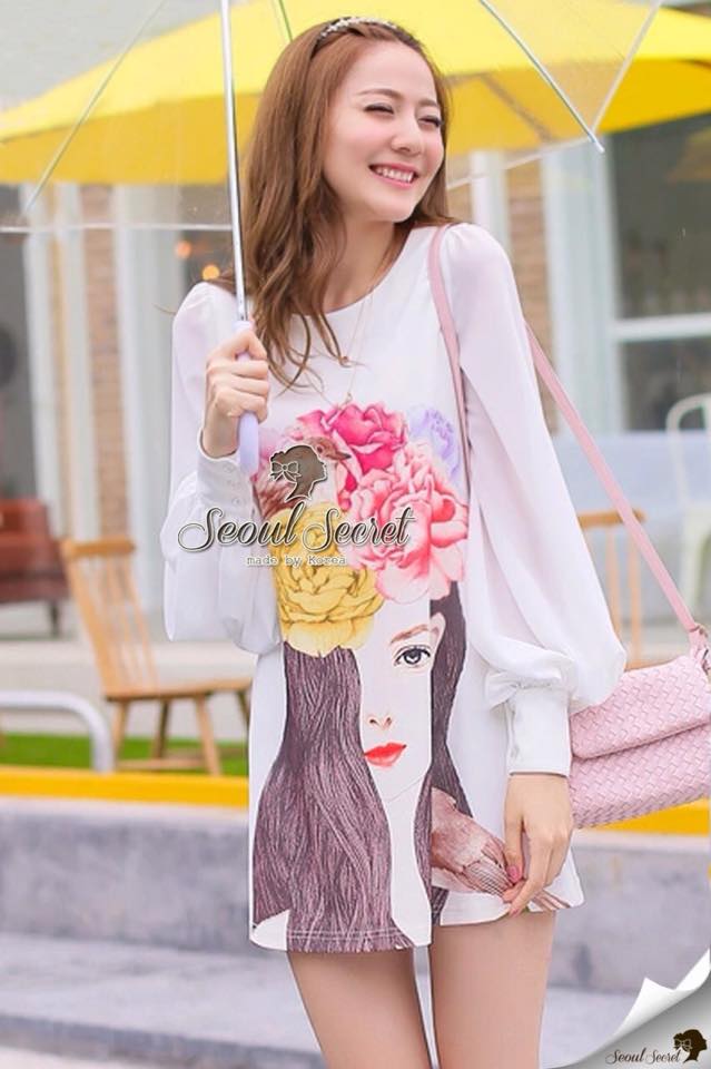พร้อมส่ง เดรสแขนยาวทรงปล่อยๆ เดรสเกาหลี