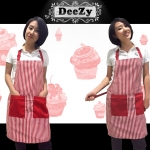 ผ้ากันเปื้อนยีนส์เทียมพิมพ์ลายทางแดง-ขาว