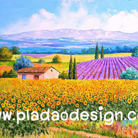 กระดาษสาพิมพ์ลาย สำหรับทำงาน เดคูพาจ Decoupage แนวภาำพ ภาพวาดสไตล์ยุโรปสีสันน่ารักมากๆ บ้านกลางสวนดอกไม้สีเหลืองที่ปลูกเป็นระเบียบบนเนินต่ำๆ ด้านล่างเป็นแปลงดอกลาเวนเดอร์สีม่วง ติดภูเขาหมอกบางๆ สวยมาก (ปลาดาวดีไซน์) A5