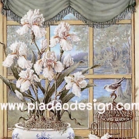กระดาษเดคูพาจพิมพ์ลาย สำหรับทำงาน เดคูพาจ Decoupage งานฝีมือ งาน Handmade แนวภาพ ดอกกล้วยไม้สีขาวช่อใหญ่ในแจกันลายครามใบใหญ่กะน้องนกน้อยนอกกรงทองรืมหน้าต่าง ปลาดาวดีไซน์ A5