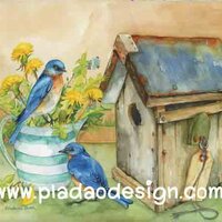 กระดาษสาพิมพ์ลาย สำหรับทำงาน เดคูพาจ Decoupage แนวภาำพ นกน้อยสีฟ้า 2 ตัว นั่งคุยกันอยู่บนบัวรดน้ำสังกะสีปลูกดอกไม้ หน้าบ้านนก สีสวยหวาน (ปลาดาวดีไซน์) A5