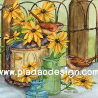 กระดาษสาพิมพ์ลาย สำหรับทำงาน เดคูพาจ Decoupage แนวภาำพ นกน้อยตัวอ้วนกลมสีน้ำตาล 2 ตัว นั่งเล่นอยู่ในกระถาง มีแจกันปักดอกไม้สีเหลืองอยู่ข้างๆ เป็นภาพวาดสีสวยคลาสสิค (ปลาดาวดีไซน์) A5