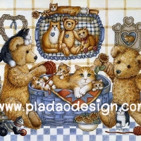0002 กระดาษอาร์ทพิมพ์ลาย สำหรับทำงาน เดคูพาจ Decoupage แนวภาพ หมี เท็ดดี้ Teddy bear กับตะกร้าแมว A5
