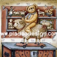 กระดาษเดคูพาจพิมพ์ลาย สำหรับทำงาน เดคูพาจ Decoupage งานฝีมือ งาน Handmade แนวภาพ Teddy Bear หมี เท็ดดี้ แบร์ ขี่แกะตัวใหญ่อยู่บนตู้โชว์ ด้านหลังเป็นชั้นวางของเล่น pladao design A5