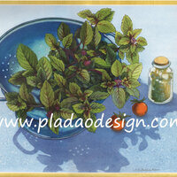 กระดาษสาพิมพ์ลาย สำหรับทำงาน เดคูพาจ Decoupage แนวภาำพ ภาพวาด ต้นมิ้นหรือใบสะระแหน่อยู่ในหม้อไฟเตรียมทำสลัด (ปลาดาวดีไซน์) A5