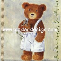 กระดาษอาร์ตพิมพ์ลาย สำหรับทำงาน เดคูพาจ Decoupage แนวภาพ น้องหมีเด็กผู้ชายใส่เอี๊ยมขาวกอดตุ๊กตาหมีน้อย A5