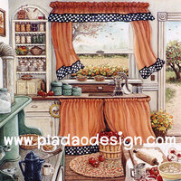 กระดาษสาพิมพ์ลาย สำหรับทำงาน เดคูพาจ Decoupage แนวภาำพ ห้องครัวทำขนมของบ้านในยุโรปตกแต่งม่านแบบสไตล์วินเทจ vintage มีวิวหลังบ้านออกสู่ป่าธรรมชาติ สวยมากๆ (ปลาดาวดีไซน์) A5