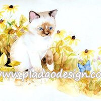 กระดาษสาพิมพ์ลาย สำหรับทำงาน เดคูพาจ Decoupage แนวภาำพ ลูกแมวน้อยตัวขาว หูน้ำตาล นั่งจ้องผีเสื้อสีฟ้าในทุ่งดอกไม้ A5
