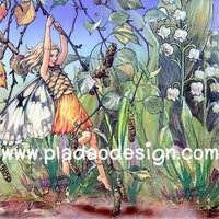 กระดาษสาพิมพ์ลาย สำหรับทำงาน เดคูพาจ Decoupage แนวภาำพ ภาพวาด Fairy Story นางฟ้ามีปีก ตัวน้อย โหนใบไม้ลงมาเล่นน้ำในลำธาร (ปลาดาวดีไซน์) A5
