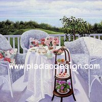 กระดาษสาพิมพ์ลาย สำหรับทำงาน เดคูพาจ Decoupage แนวภาพ ชุดรับแขกเก้าอี้หวาย ในบ้านบนเนินเขาเขียวขจี A5
