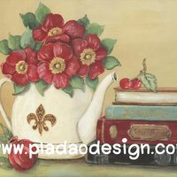 กระดาษสาพิมพ์ลาย สำหรับทำงาน เดคูพาจ Decoupage แนวภาำพ ภาพวาด ดอกไม้สีแดงดอกใหญ่หลายดอกปักอยู่ในกาน้ำกระเบื้องสีขาวใบใหญ่ื วางประดับบ้านอยู่บนตู้ (ปลาดาวดีไซน์) A5