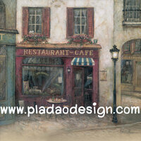 กระดาษสาพิมพ์ลาย สำหรับทำงาน เดคูพาจ Decoupage แนวภาำพ ภาพวาด Restaurant Cafe ร้านอาหาร ร้านกาแฟ มีโ่ต๊ะกินกาแฟเก๋ๆตั้งอยู่หน้าหน้าร้าน โชว์มุมตึกสวยๆ คลาสสิค ภาพสีซอฟต์ๆ (ปลาดาวดีไซน์) A5