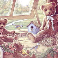 กระดาษสาพิมพ์ลาย สำหรับทำงาน เดคูพาจ Decoupage แนวภาพ น้องหมี 3 ตัวนั่้งเล่นนั่งคุยกันริมหน้าต่างไม้เปิดกว้าง A5