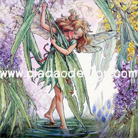 กระดาษสาพิมพ์ลาย สำหรับทำงาน เดคูพาจ Decoupage แนวภาำพ ภาพวาด Fairy Story นางฟ้าผมบลอนด์โหนใบไม้ลงมาเล่นน้ำในลำธาร (ปลาดาวดีไซน์) A5