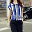 พร้อมส่ง เสื้อทรงเชิ้ตเข้ารูปช่วงเอว พิมพ์ลายริ้วสลับสี