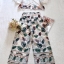 เสื้อผ้าเกาหลี พร้อมส่ง เสื้อ กางเกง ผ้าคอตตอนทอลายใบไม้