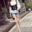 พร้อมส่ง เสื้อเปิดไหล่งานเย็บติดด้วยกั๊กสีดำ