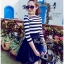 พร้อมส่ง มินิเดรสลายขวางขาวดำ คอปาดแขนยาว