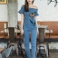 เสื้อผ้าเกาหลี พร้อมส่ง จั๊มสูท เปิดไหล่ ปักดอกทิวลิป