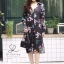 ชุดเดรสเกาหลี พร้อมส่ง Dress ปริ้นลายใบไม้สลับดอกไม้