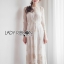 เดรสเกาหลี พร้อมส่ง เดรส ผ้าทูลล์ปักลายดอกไม้สีทอง